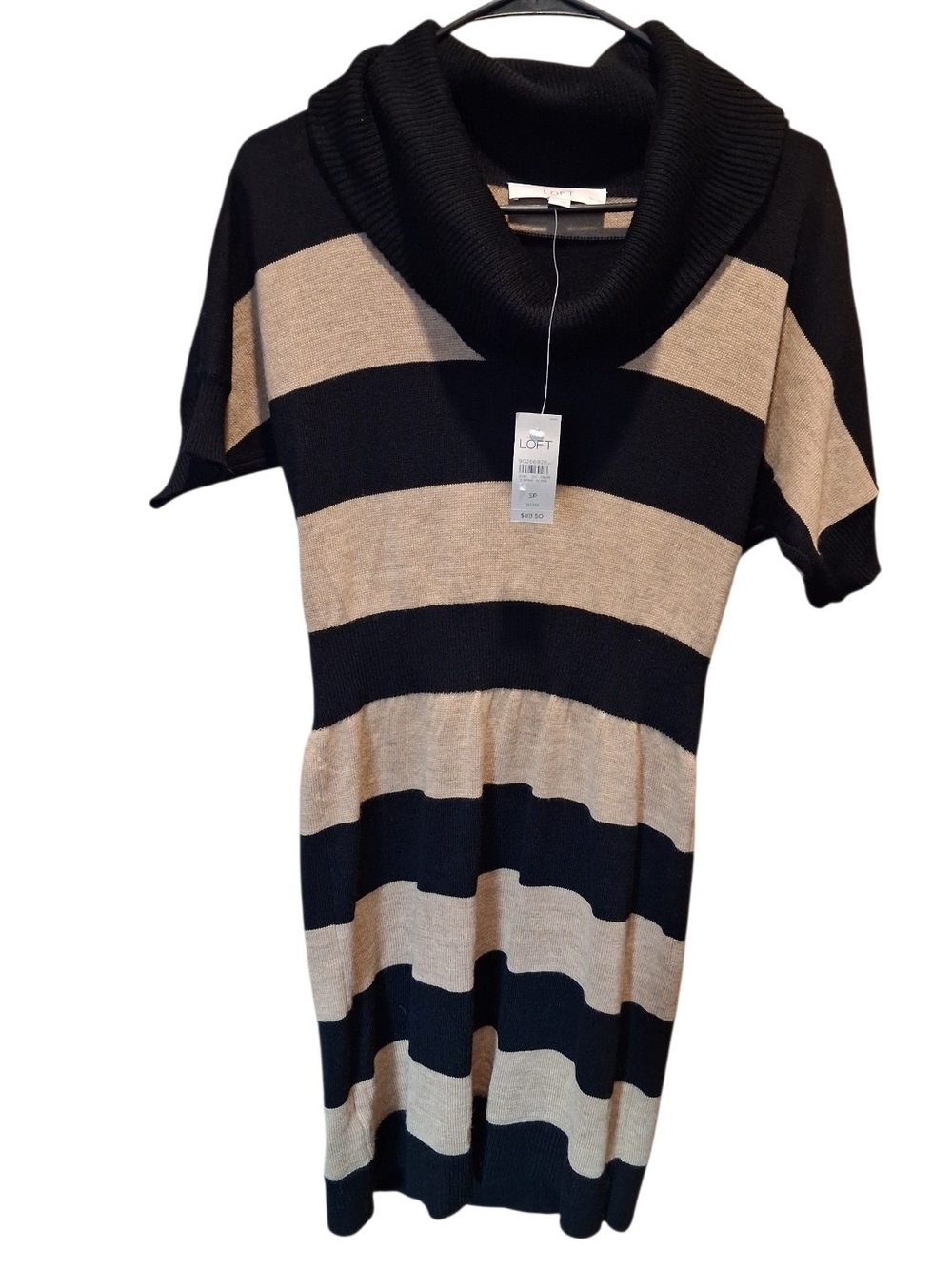 LOFT Black and Tan Striped Cowl Neck Sweater Dress